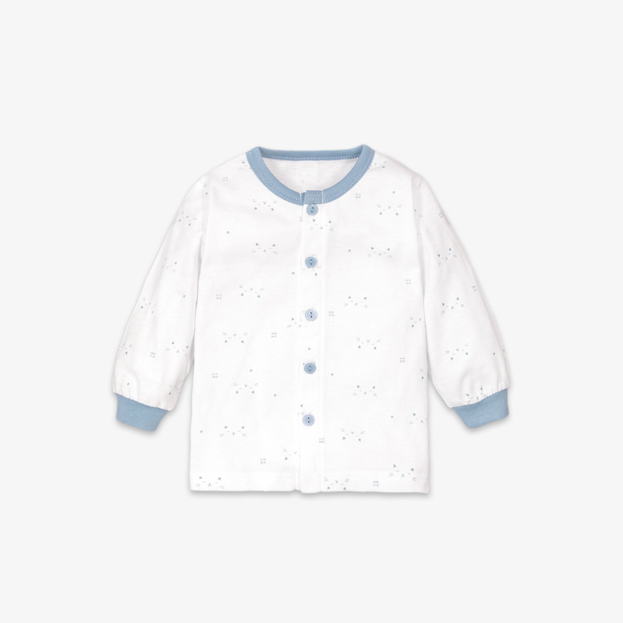 Áo sơ sinh tay dài nút giữa Mặt mèo xanh