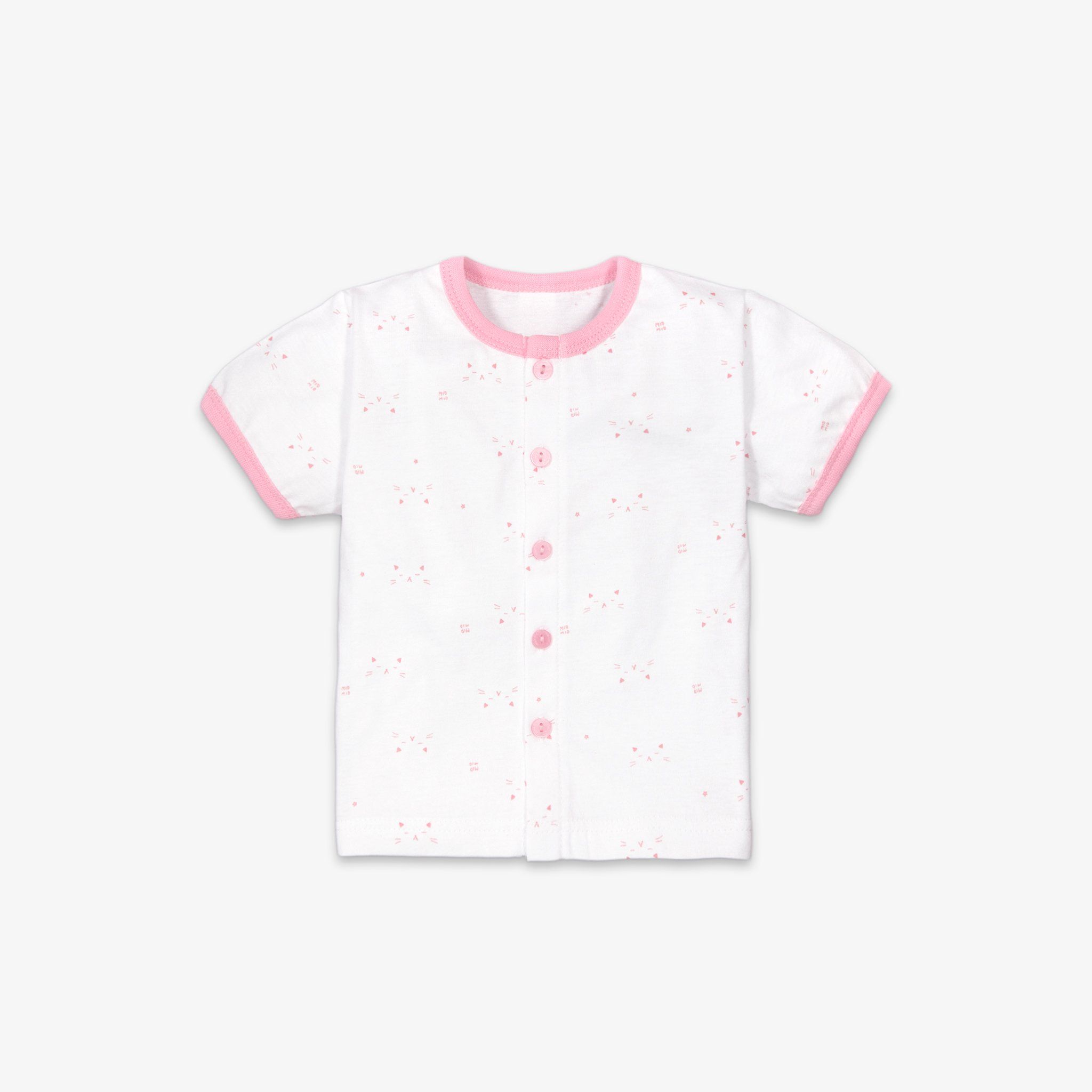 Áo sơ sinh tay ngắn nút giữa Mặt mèo hồng