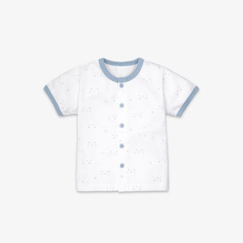 Áo sơ sinh tay ngắn nút giữa Mặt mèo xanh