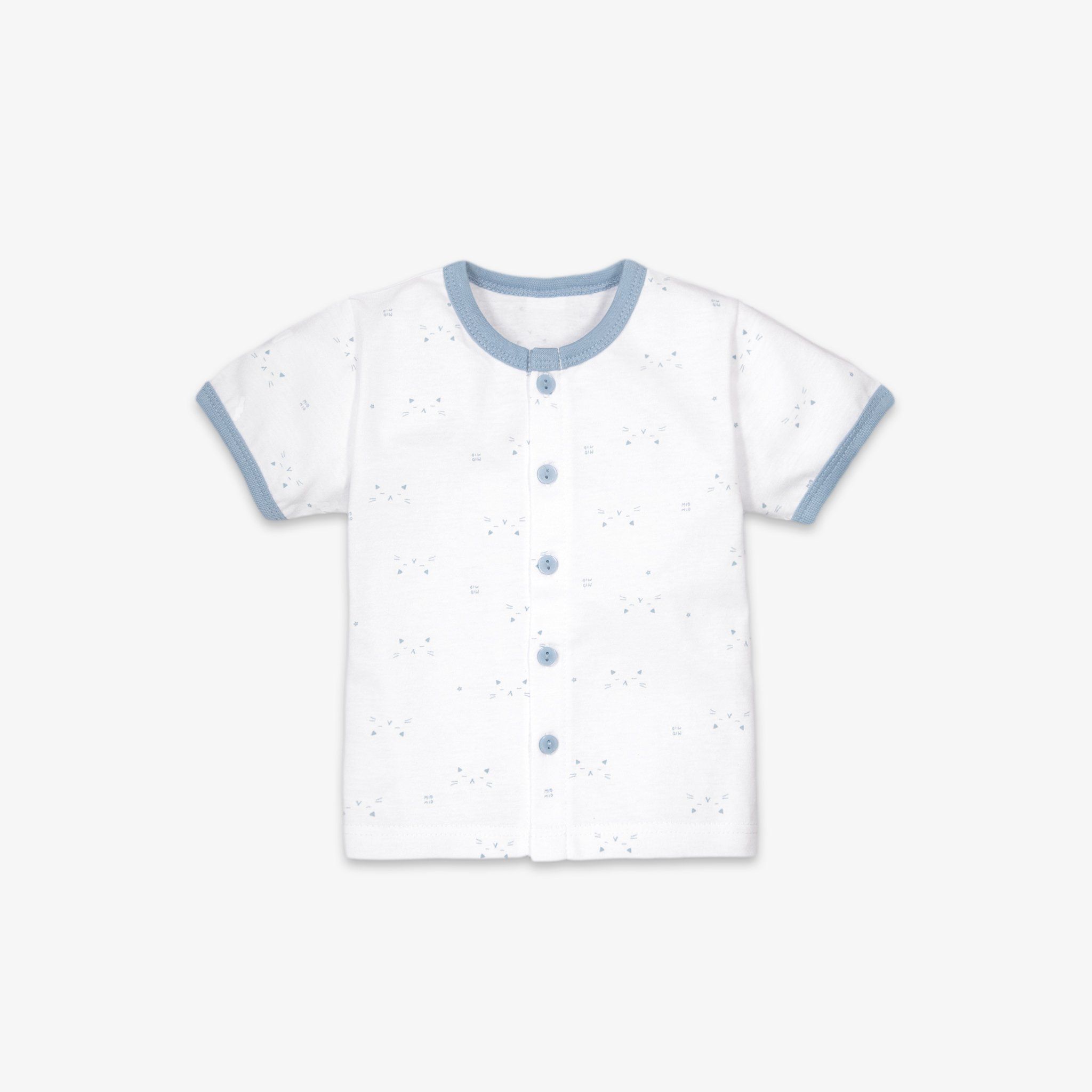 Áo sơ sinh tay ngắn nút giữa Mặt mèo xanh