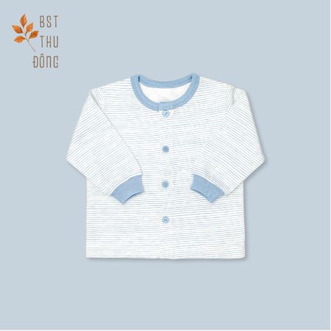 Áo sơ sinh tay dài nút giữa  bo Sọc dày xanh