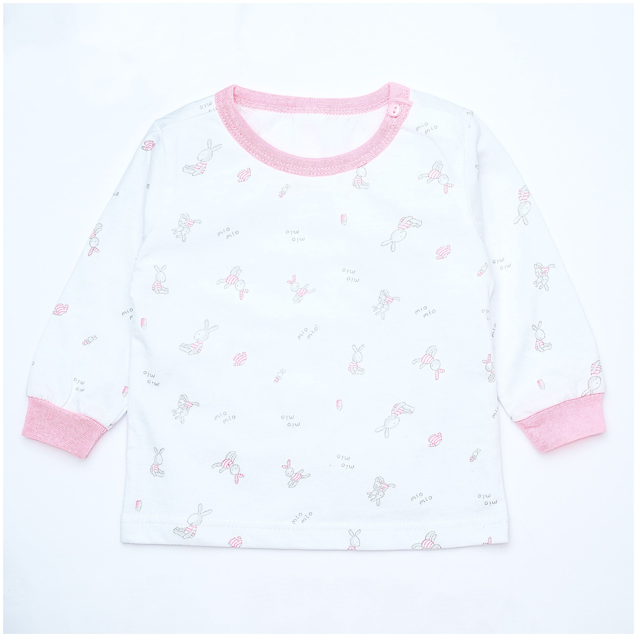 Áo sơ sinh tay dài nút vai bo Thỏ hồng