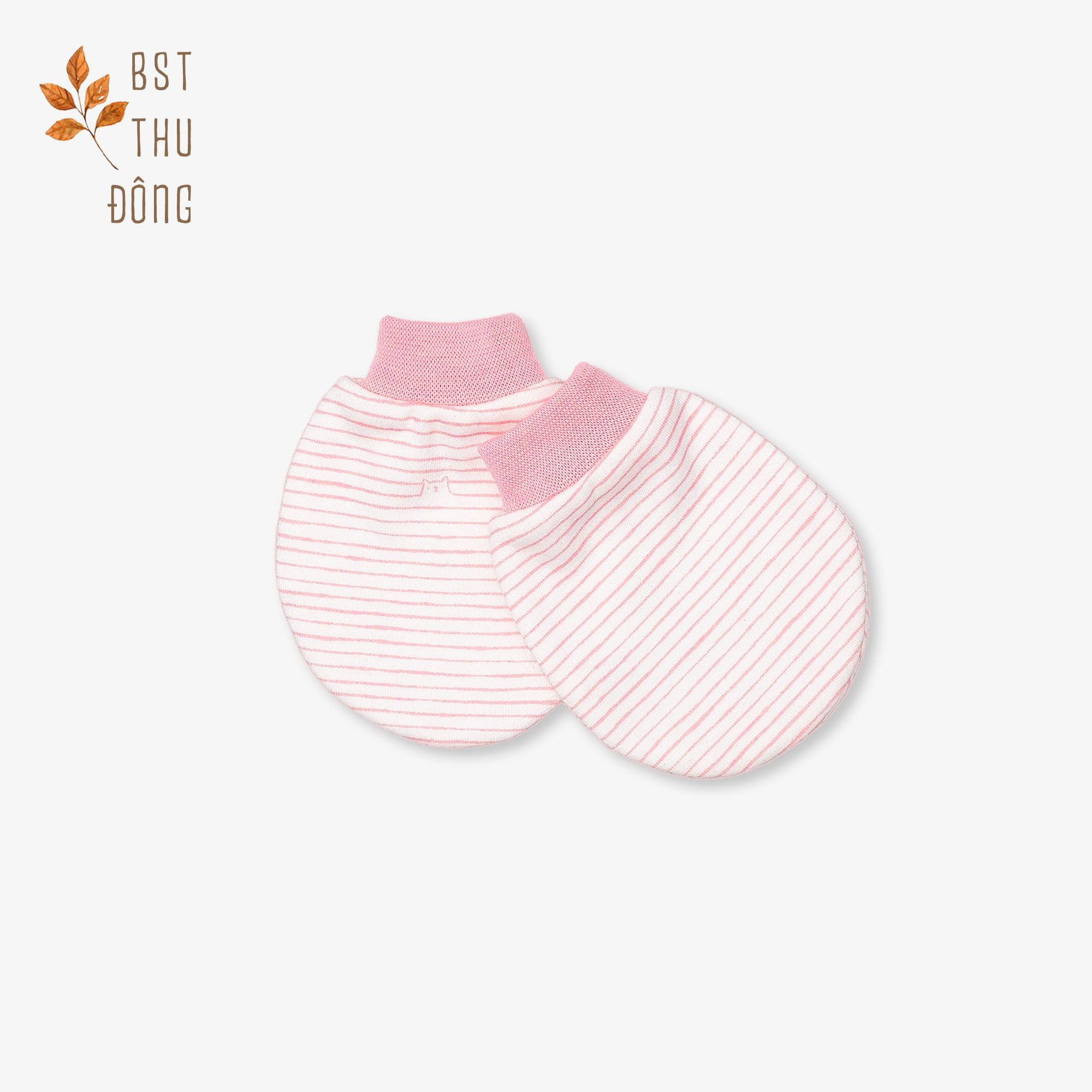 Set 2 đôi bao tay sơ sinh bo Sọc dày hồng