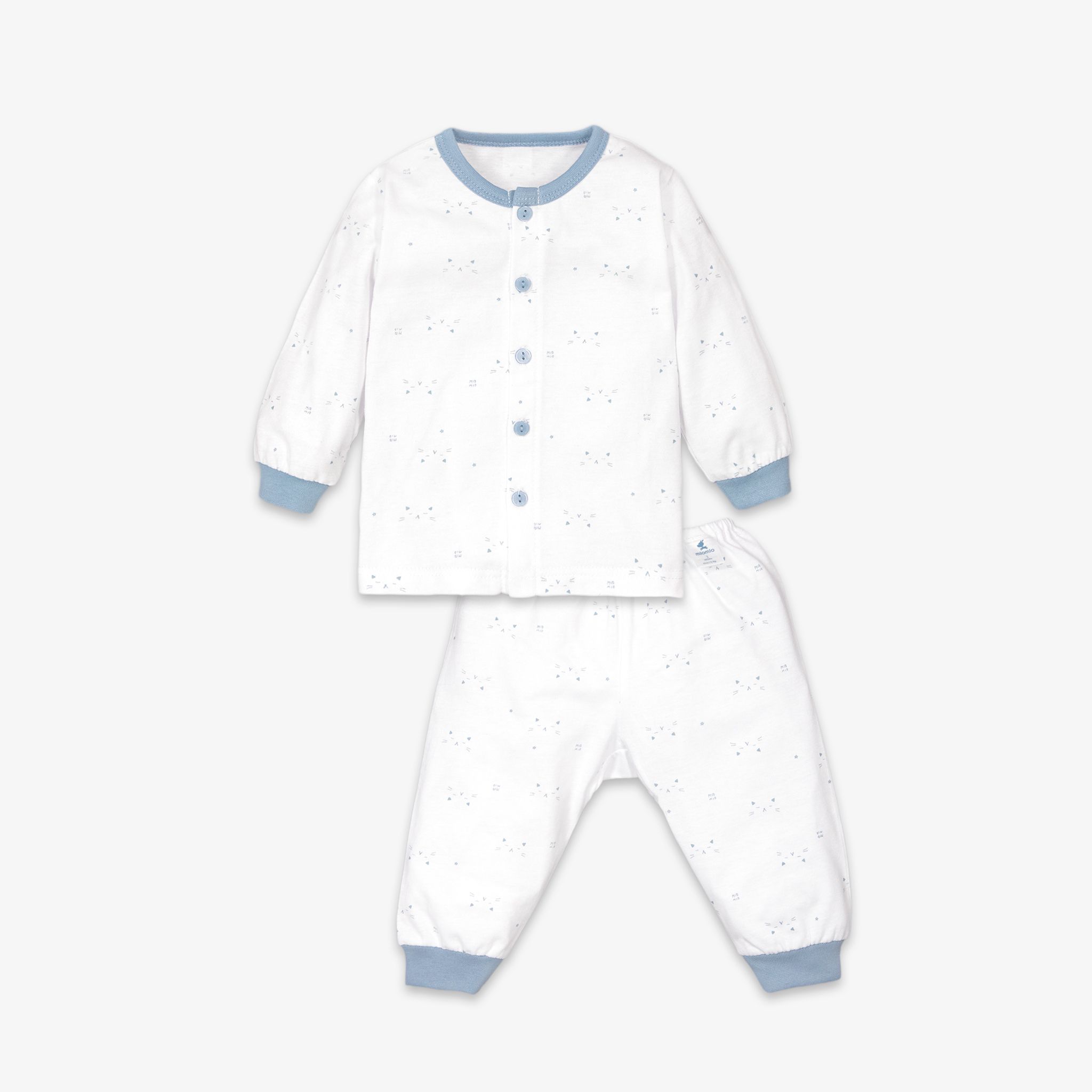 Bộ quần áo sơ sinh tay dài nút giữa mặt mèo xanh