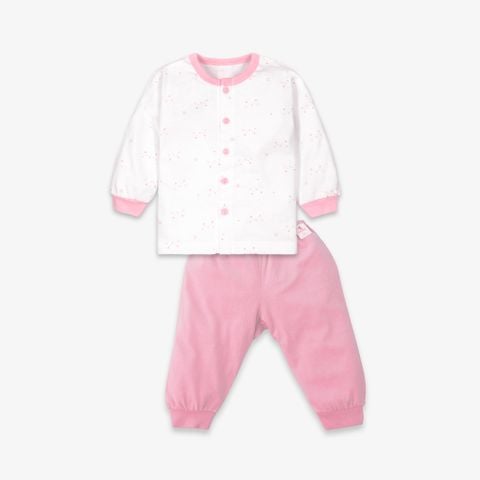 Bộ quần áo sơ sinh dài nút giữa Mặt mèo hồng/trơn