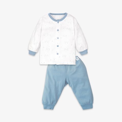 Bộ quần áo sơ sinh dài nút giữa Mặt mèo xanh/trơn