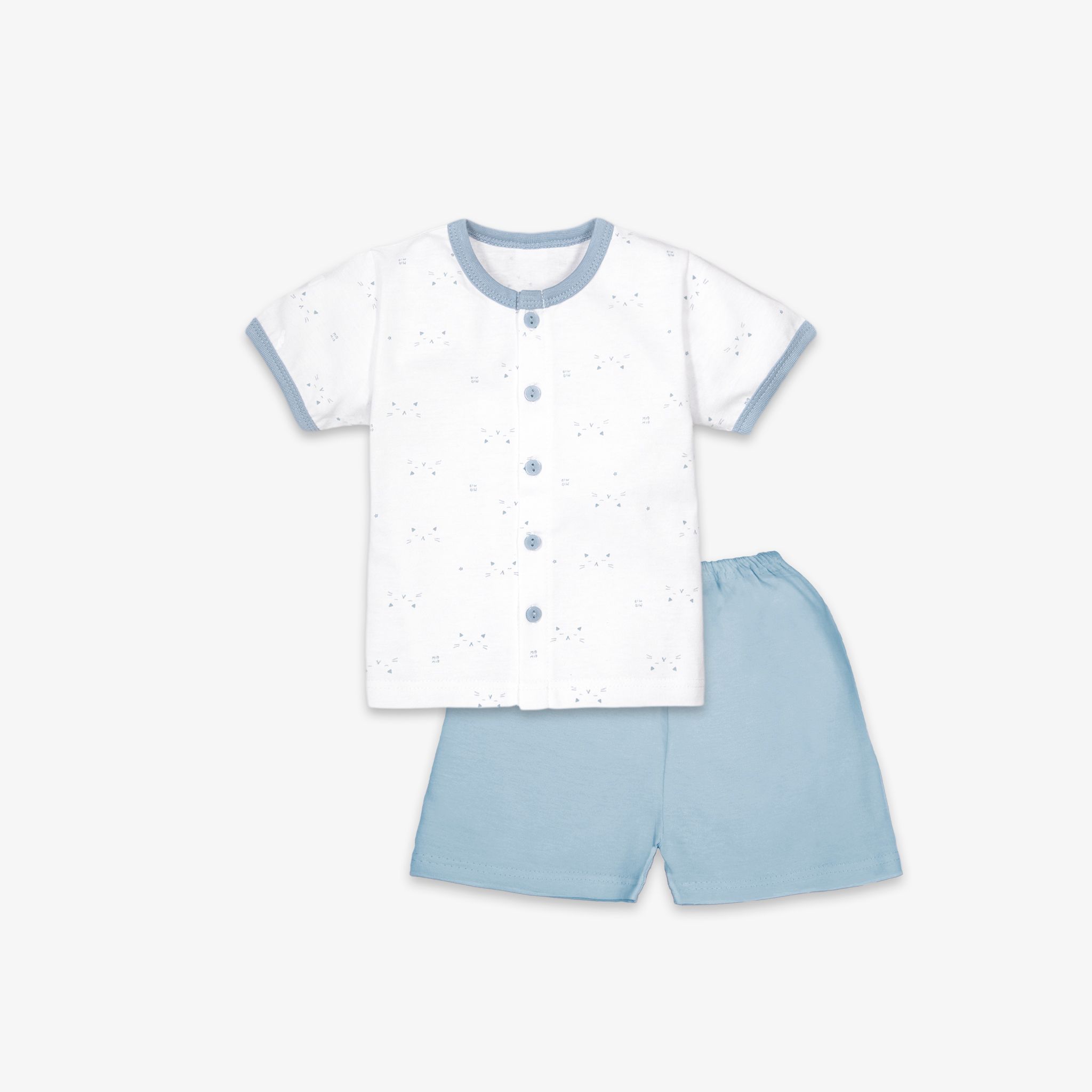 Bộ quần áo sơ sinh ngắn Mặt Mèo xanh/ trơn