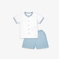 Bộ quần áo sơ sinh ngắn Mặt Mèo xanh/ trơn