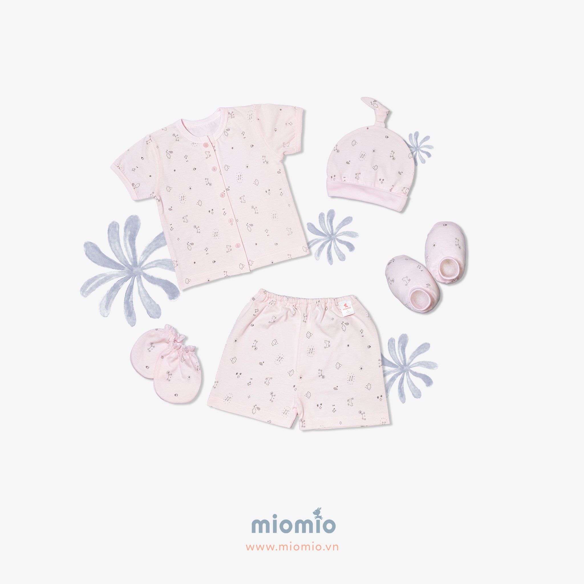 Set đồ sơ sinh ngắn 5 món Mèo Mây hồng