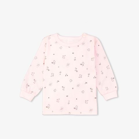 Áo sơ sinh tay dài nút vai bo Mèo Mây hồng