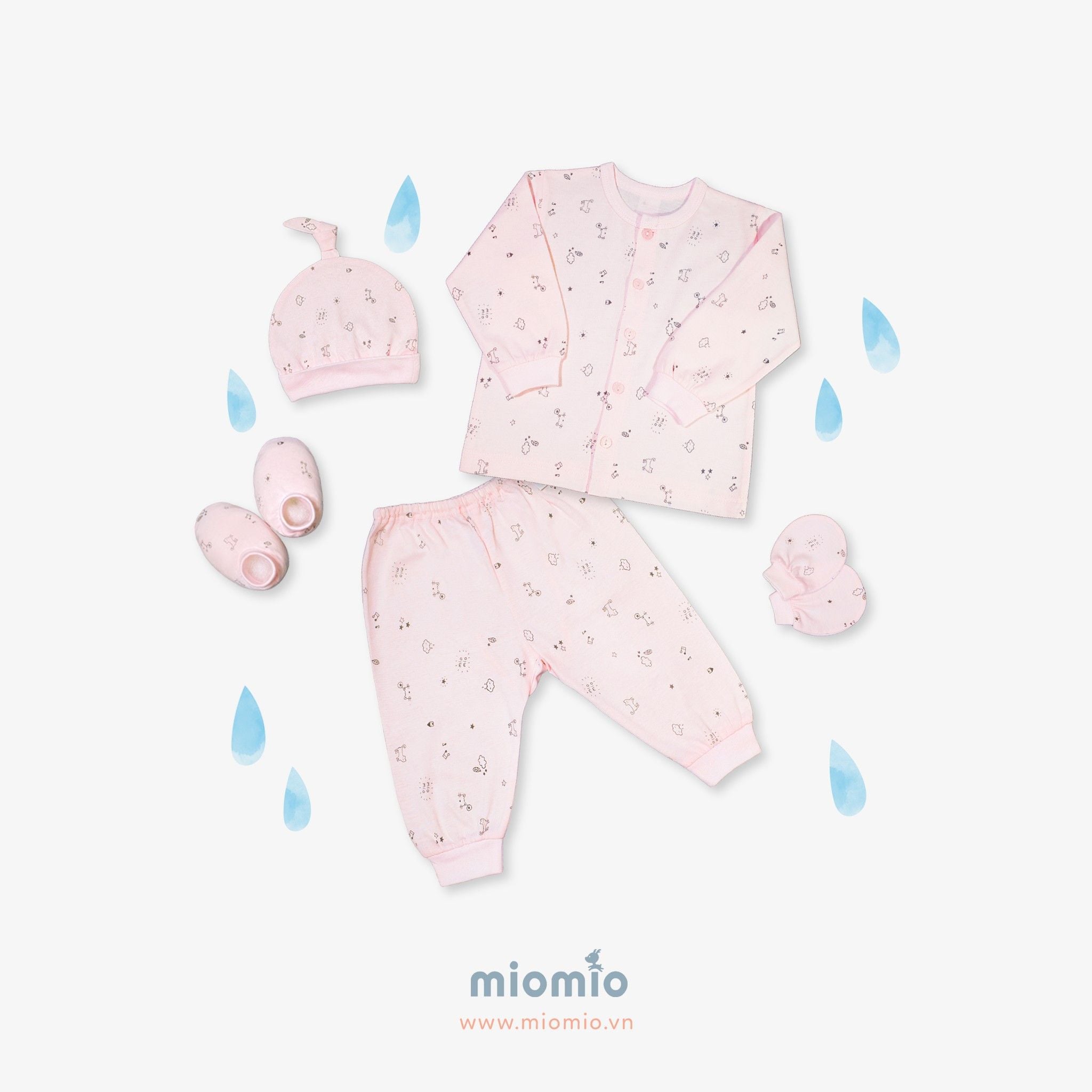 Set đồ sơ sinh dài 5 món Mèo Mây hồng