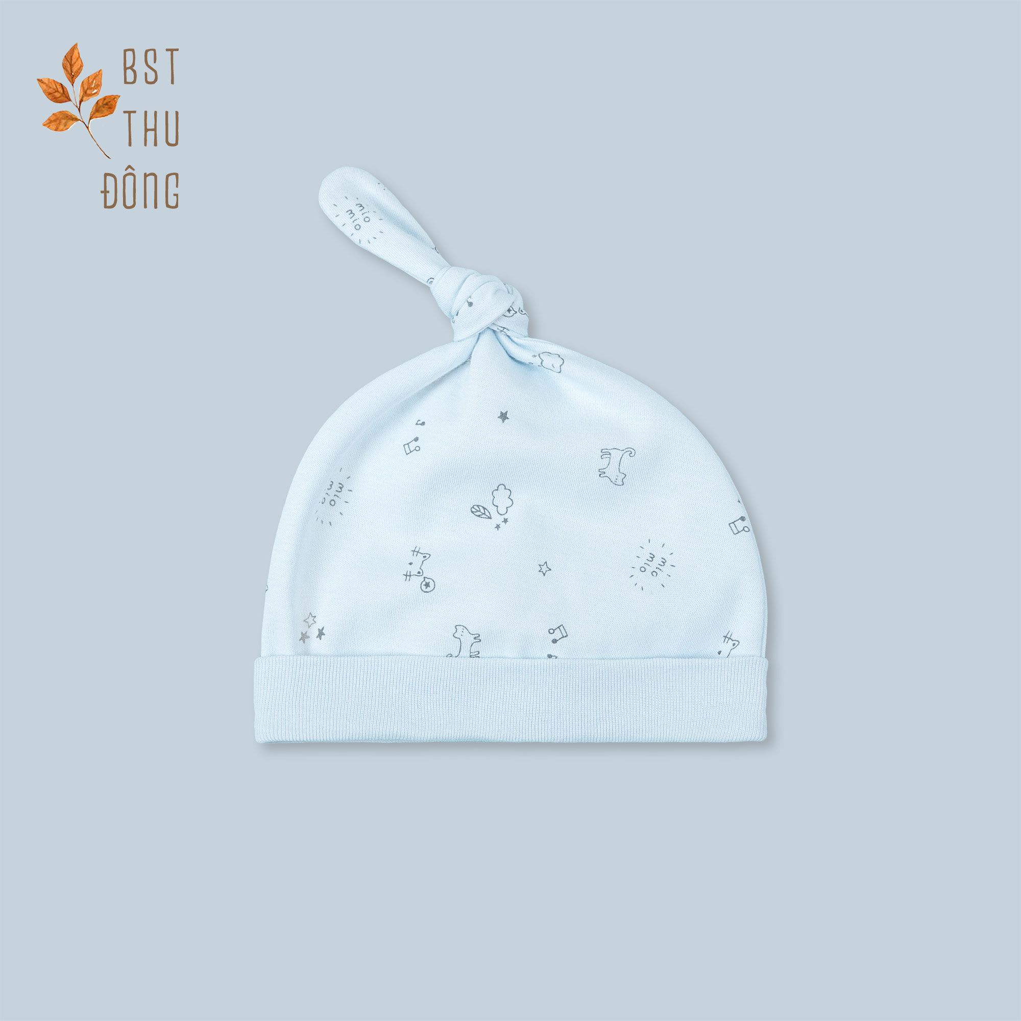 Nón sơ sinh đuôi gút dày Mèo Mây xanh