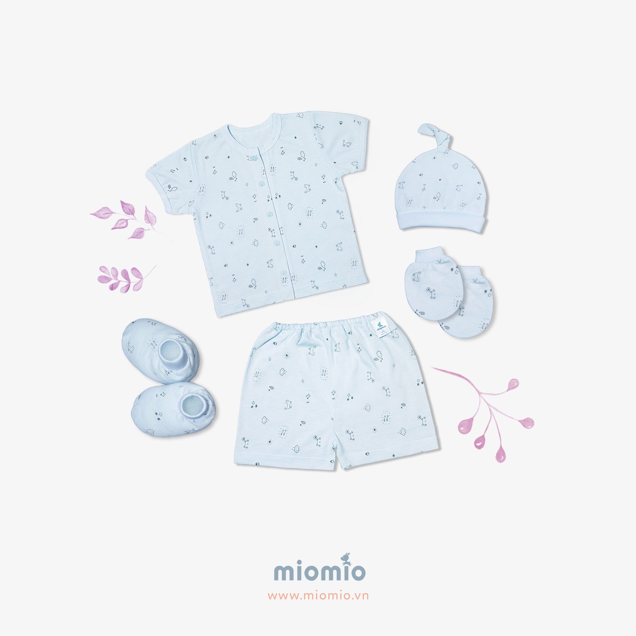 Set đồ sơ sinh ngắn 5 món Mèo Mây xanh