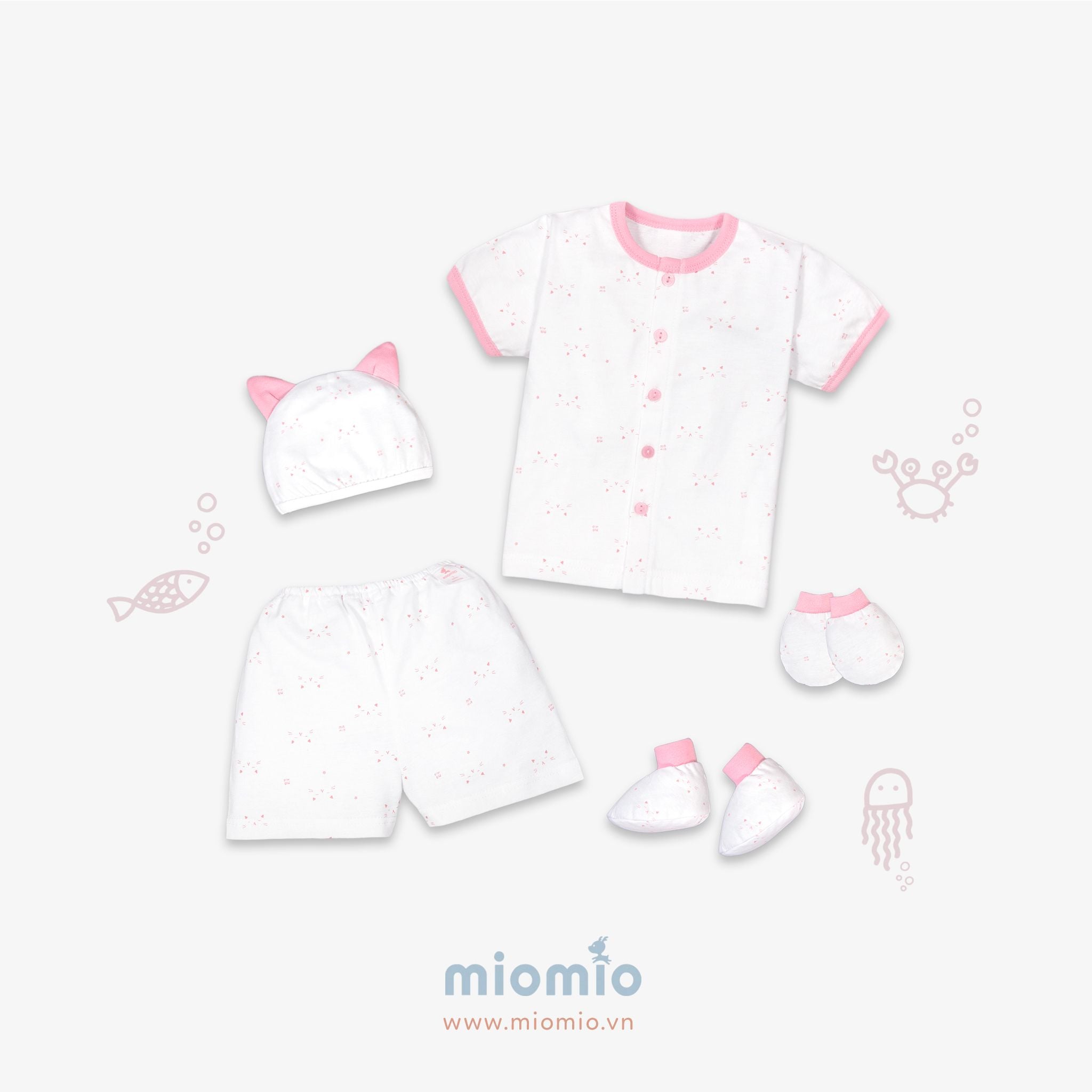 Set đồ sơ sinh ngắn 5 món Mặt Mèo hồng