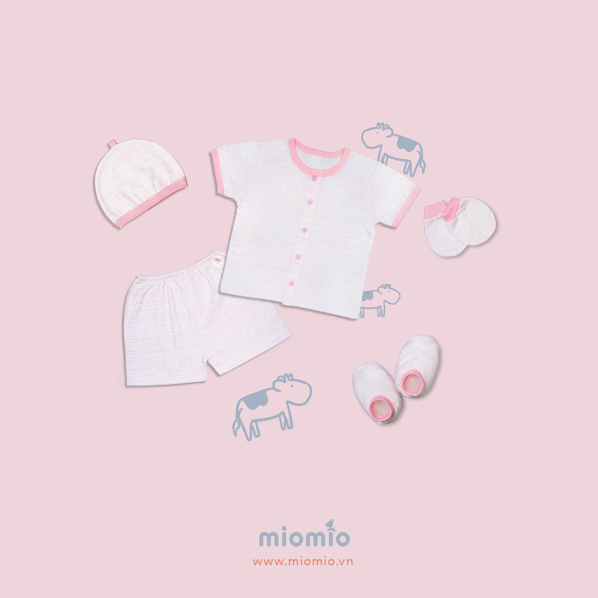 Set đồ sơ sinh ngắn 5 món Sọc hồng