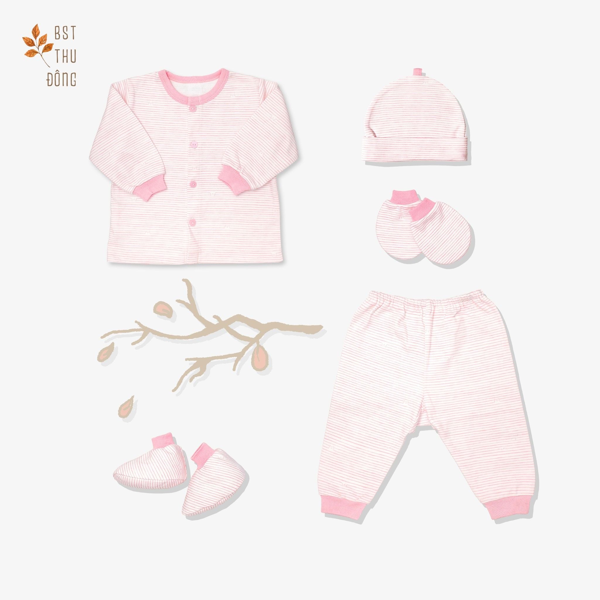 Set đồ sơ sinh đông nút giữa Sọc hồng