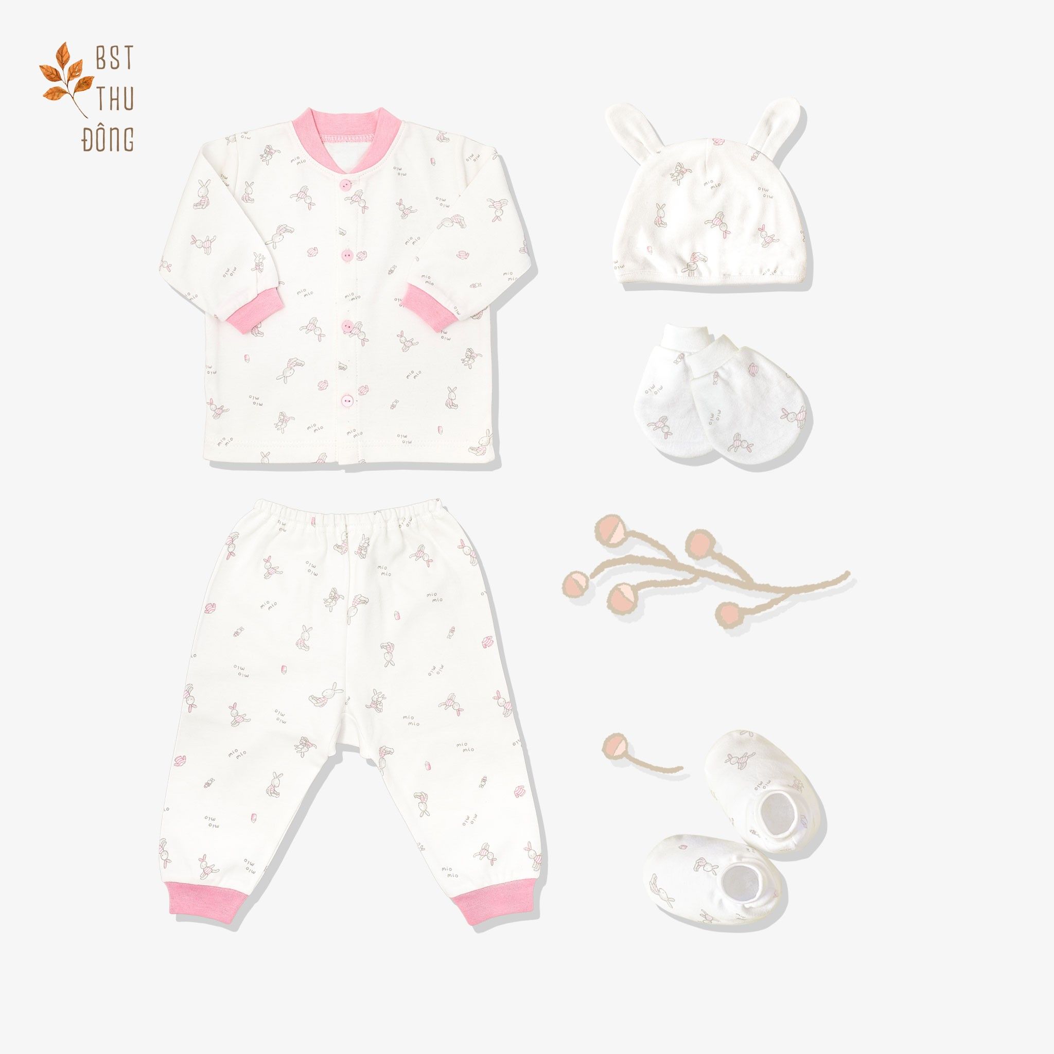 Set đồ sơ sinh đông nút giữa Thỏ hồng