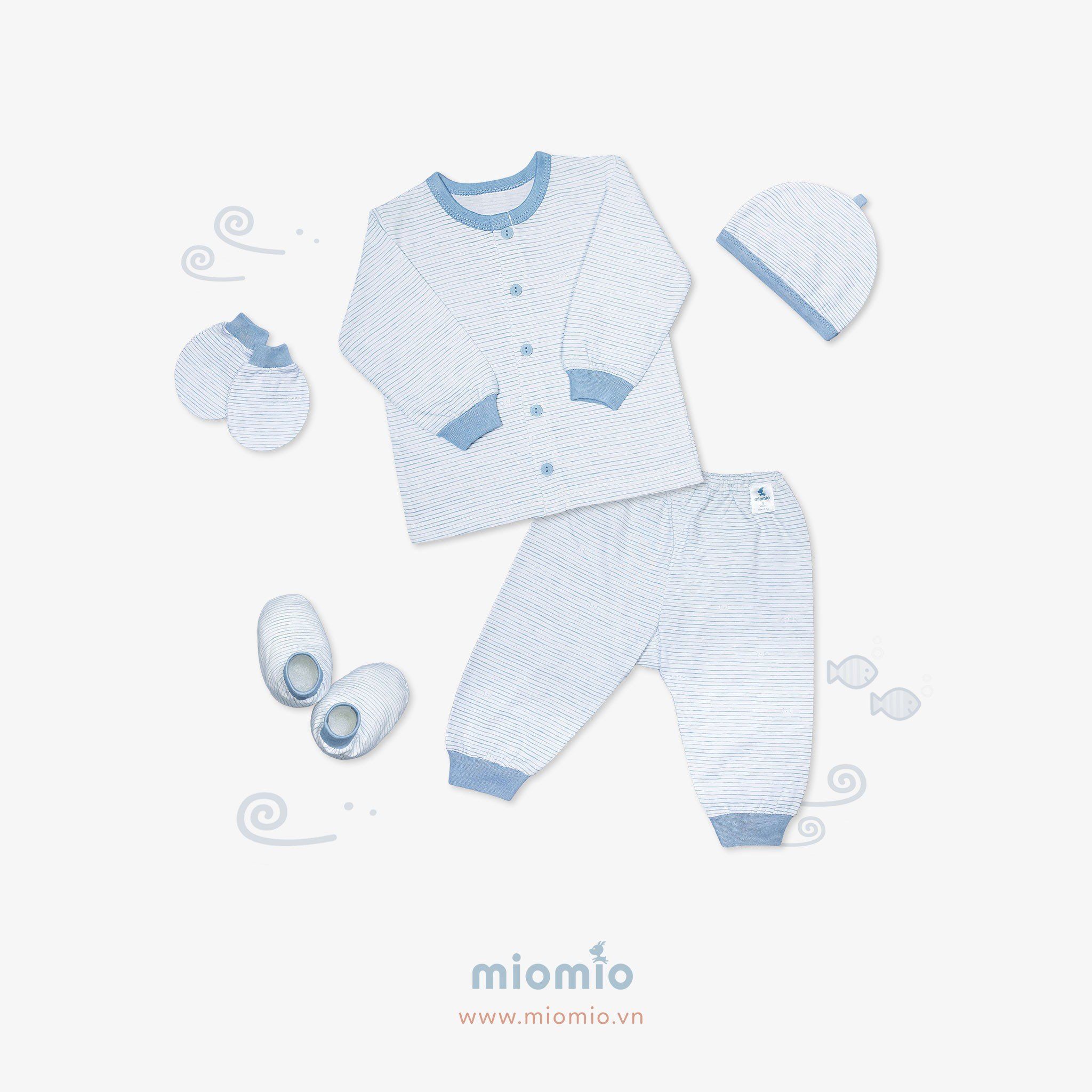 Set đồ sơ sinh dài 5 món Sọc xanh