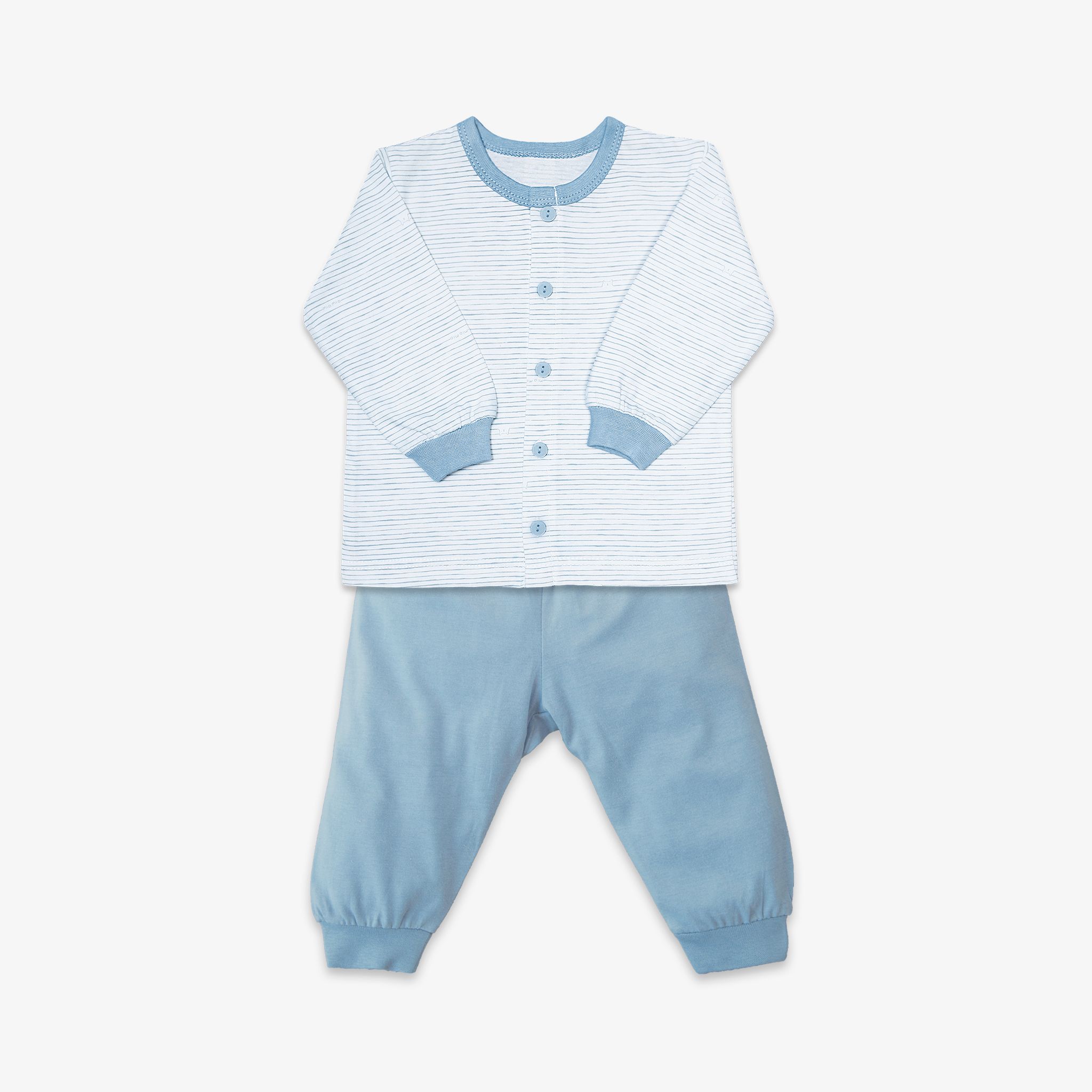 Bộ quần áo sơ sinh dài nút giữa Sọc xanh/trơn