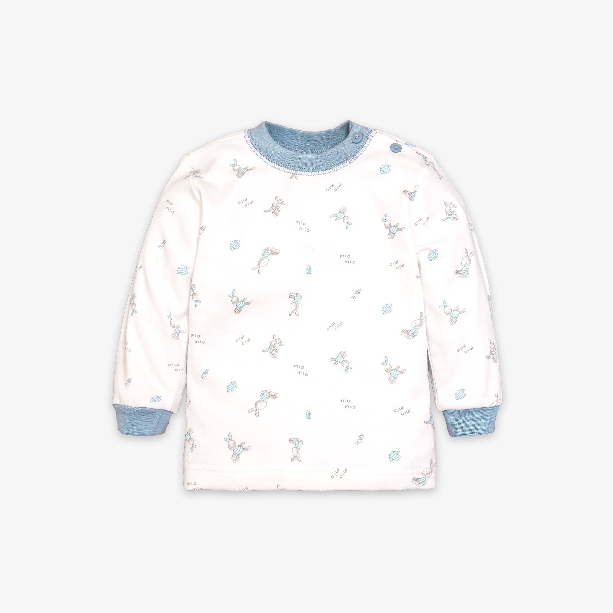 Áo sơ sinh tay dài nút vai bo Thỏ dày xanh