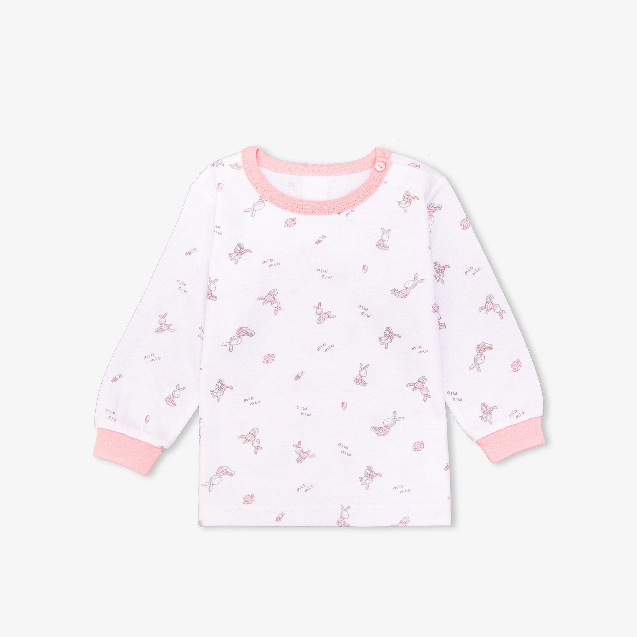 Áo sơ sinh tay dài nút vai bo Thỏ hồng