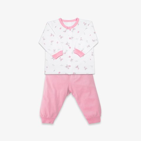 Bộ quần áo sơ sinh dài nút giữa Thỏ hồng/trơn