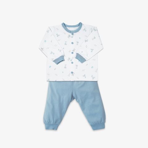 Bộ quần áo sơ sinh dài nút giữa Thỏ xanh/trơn