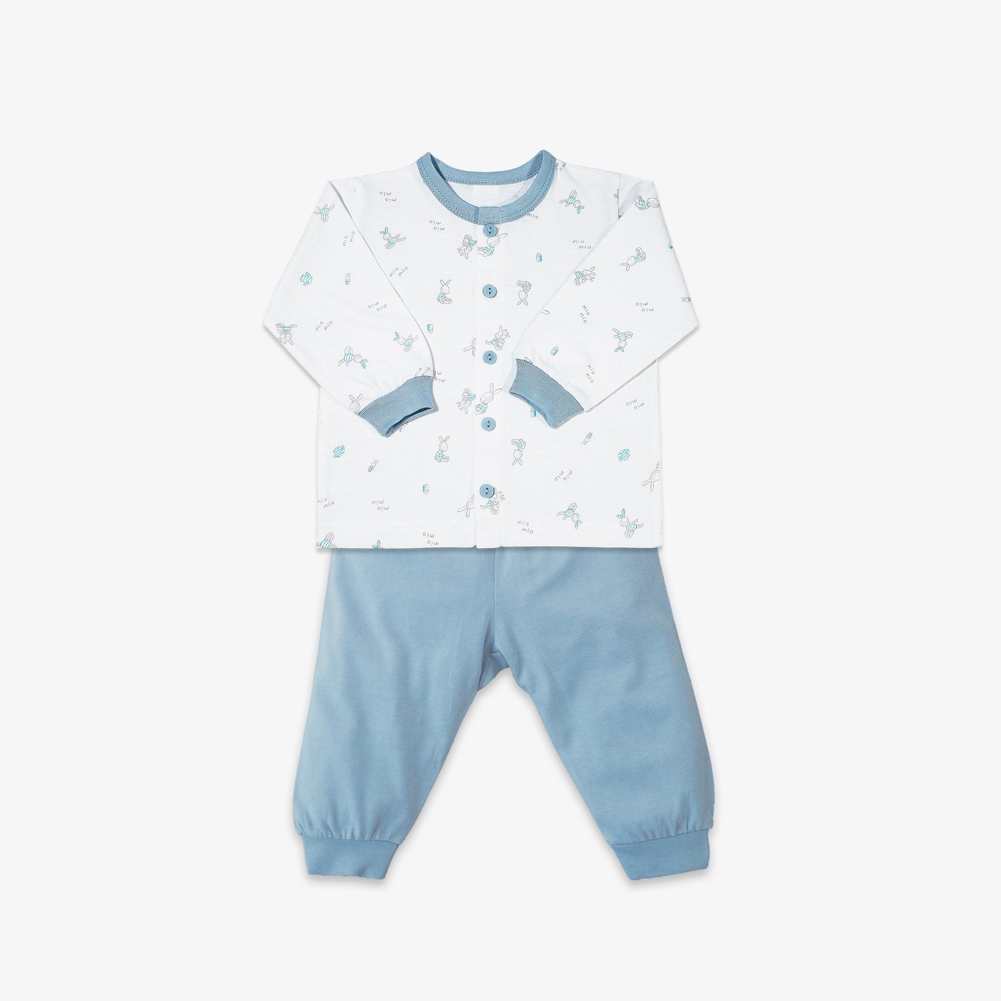 Bộ quần áo sơ sinh dài nút giữa Thỏ xanh/trơn