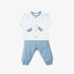 Bộ quần áo sơ sinh dài nút giữa Thỏ xanh/trơn