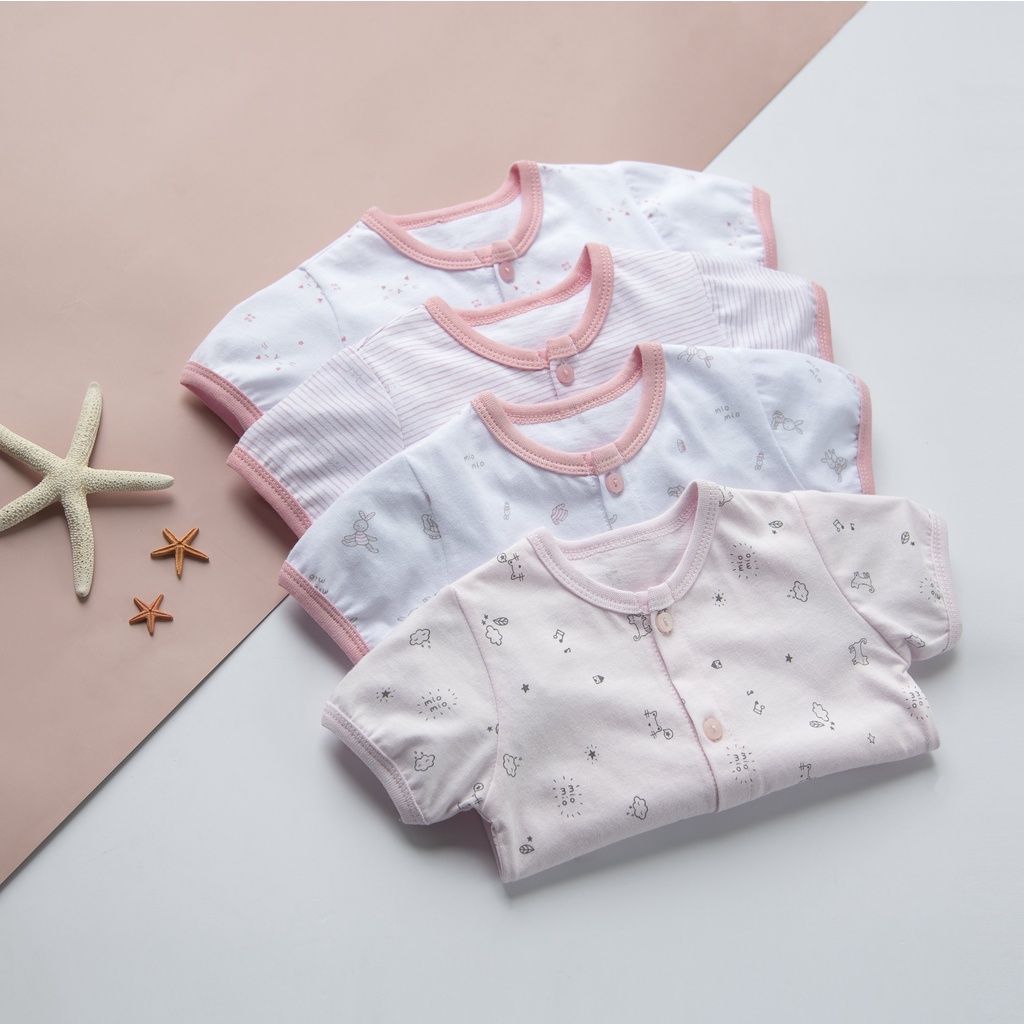 Combo 4 Áo Tay Cộc Sơ Sinh MIOMIO, Họa Tiết: Thỏ, Sọc, Mèo, Mèo Mây Cho Bé Trai, Bé Gái (Từ 0 - 24 Tháng), Vải Cotton
