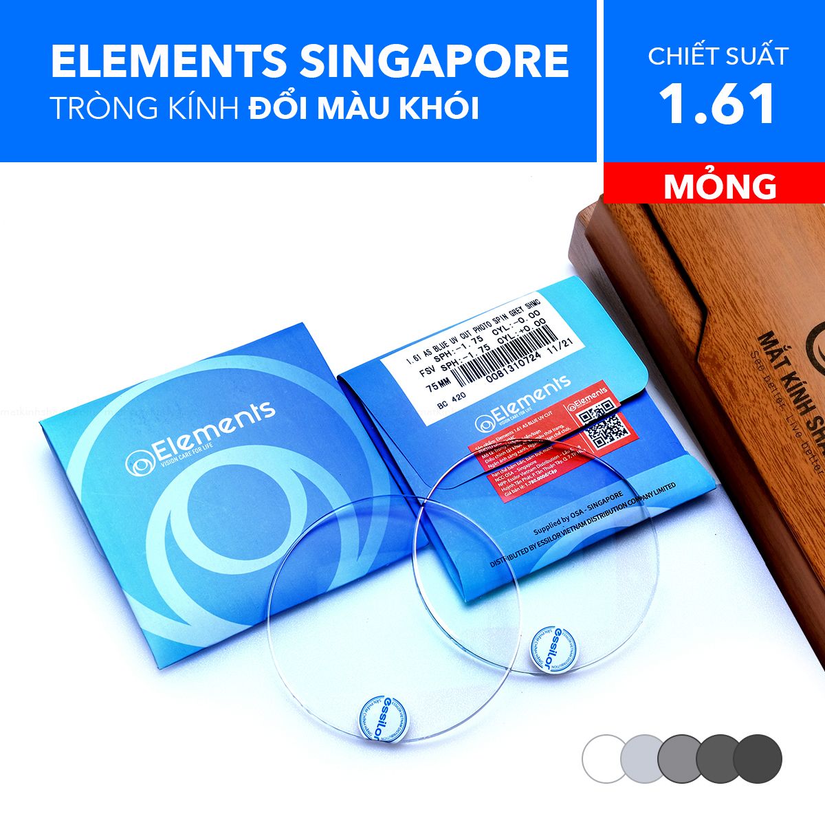 Tròng Kính Mỏng Đổi Màu Chống Ánh Sáng Xanh Photo Blue Uv Elements 1.61