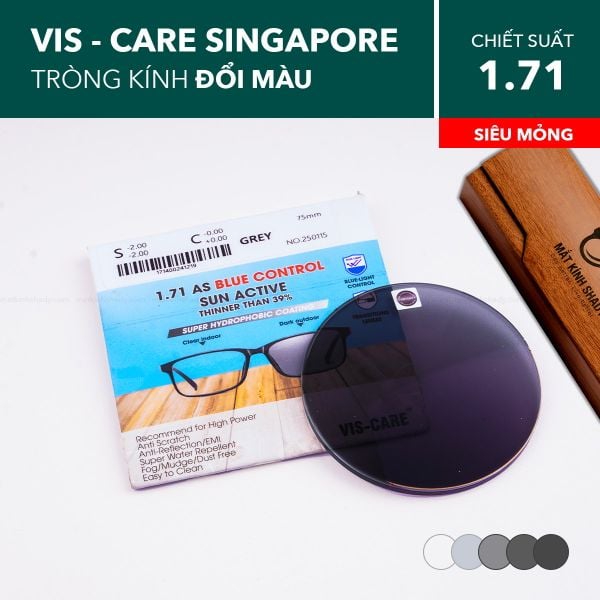 Tròng kính Siêu Mỏng Đổi Màu Chống Ánh Sáng Xanh Vis-Care 1.71 AS Blue Control Sun Active Grey