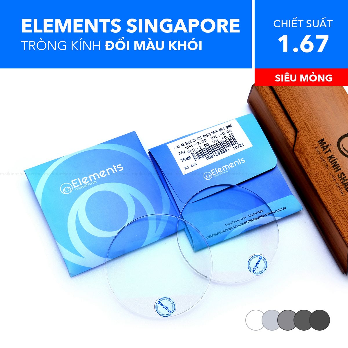  Tròng Kính Siêu Mỏng Đổi Màu Chống Ánh Sáng Xanh Photo Blue Uv Elements 1.67 