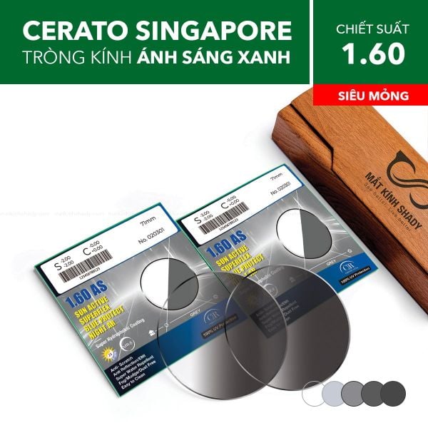 Tròng Kính Đổi Màu Chống Ánh Sáng Xanh Cerato Sun Active Blue Protect Night Ar 1.60 AS
