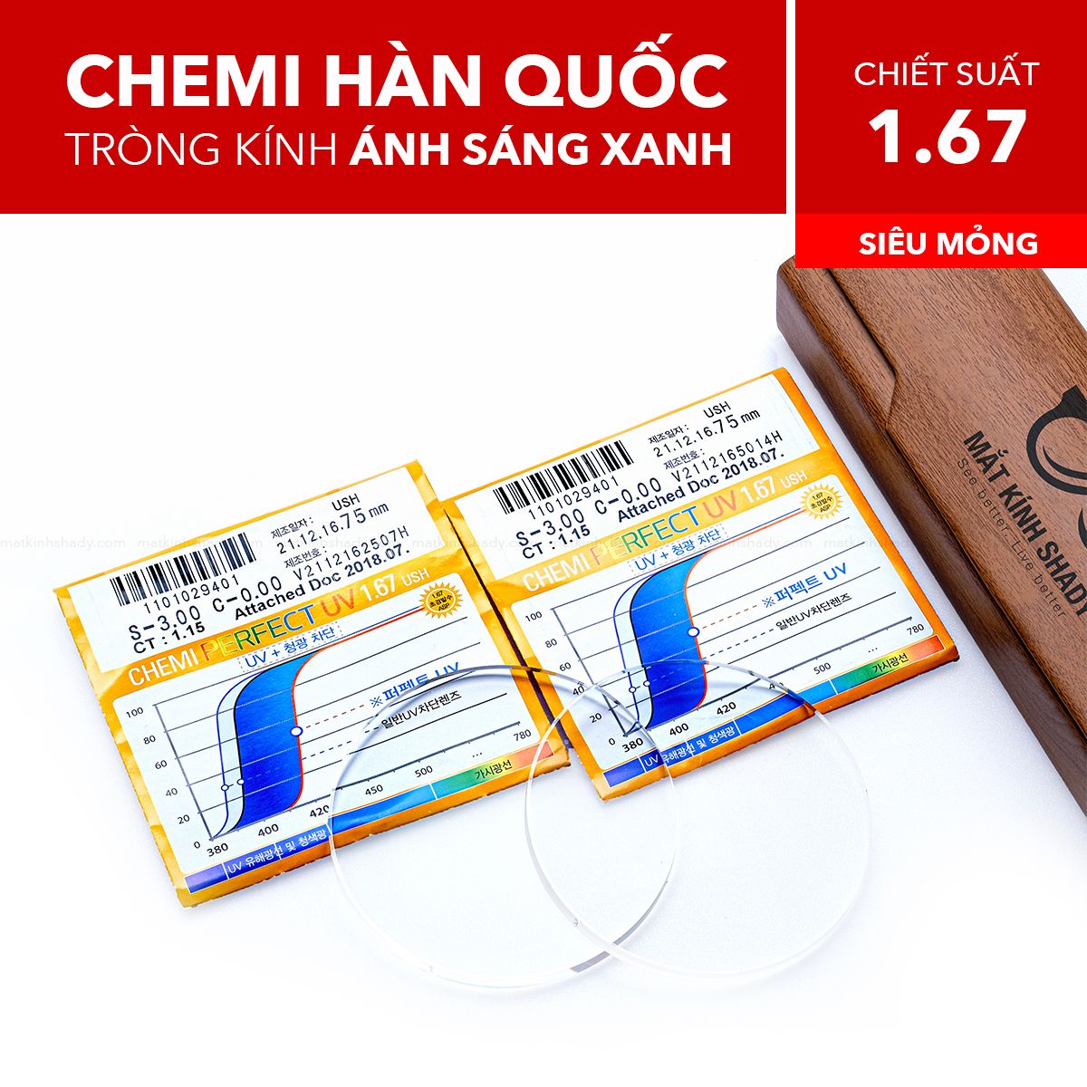  Tròng Kính Siêu Mỏng Chống Ánh Sáng Xanh Chemi 1.67 U6 