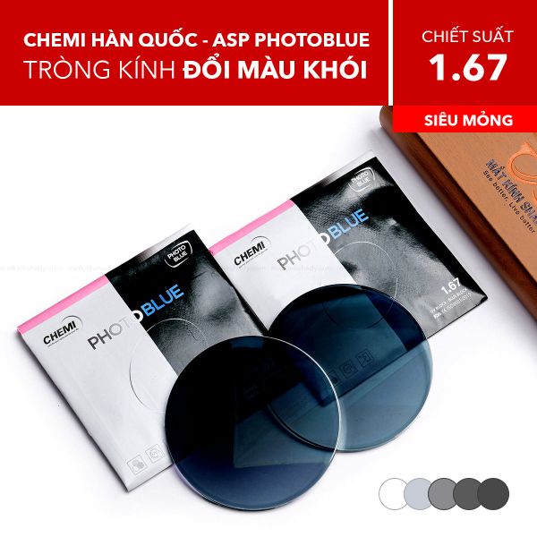 Tròng Kính Siêu Mỏng Đổi Màu Chống Ánh Sáng Xanh Chemi 1.67 ASP Photoblue Grey