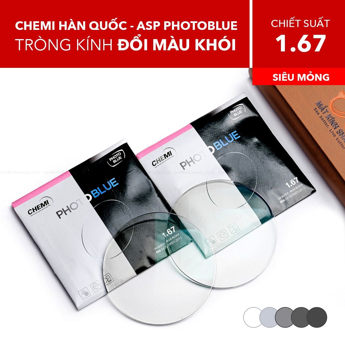  Tròng Kính Siêu Mỏng Đổi Màu Chống Ánh Sáng Xanh Chemi 1.67 ASP Photoblue Grey 