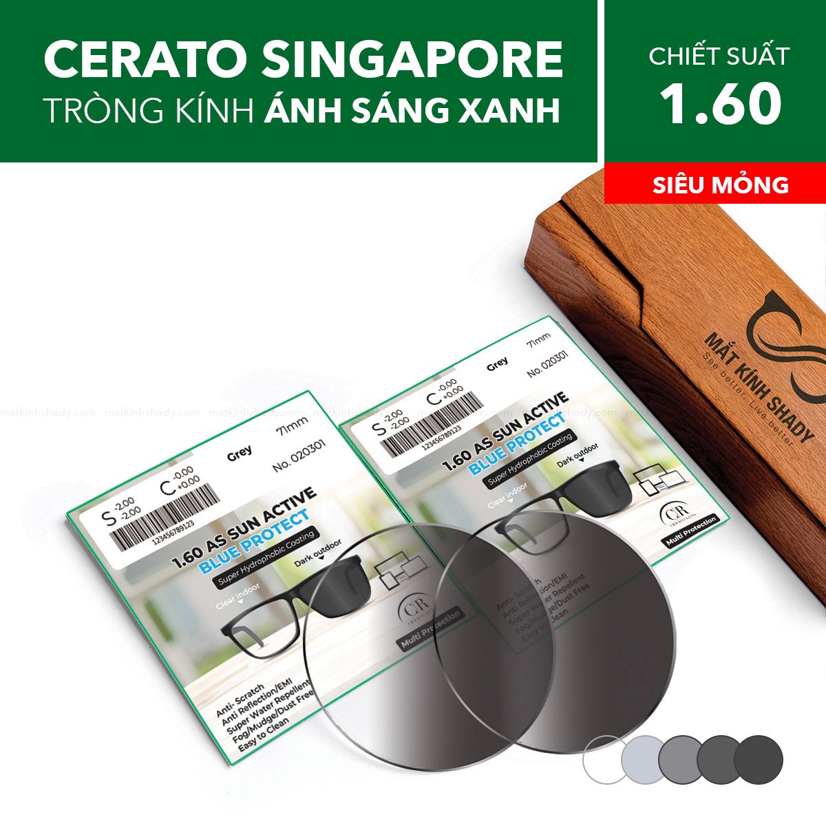  Tròng Kính Đổi Màu Chống Ánh Sáng Xanh Cerato Sun Active Blue Protect 1.60 AS 