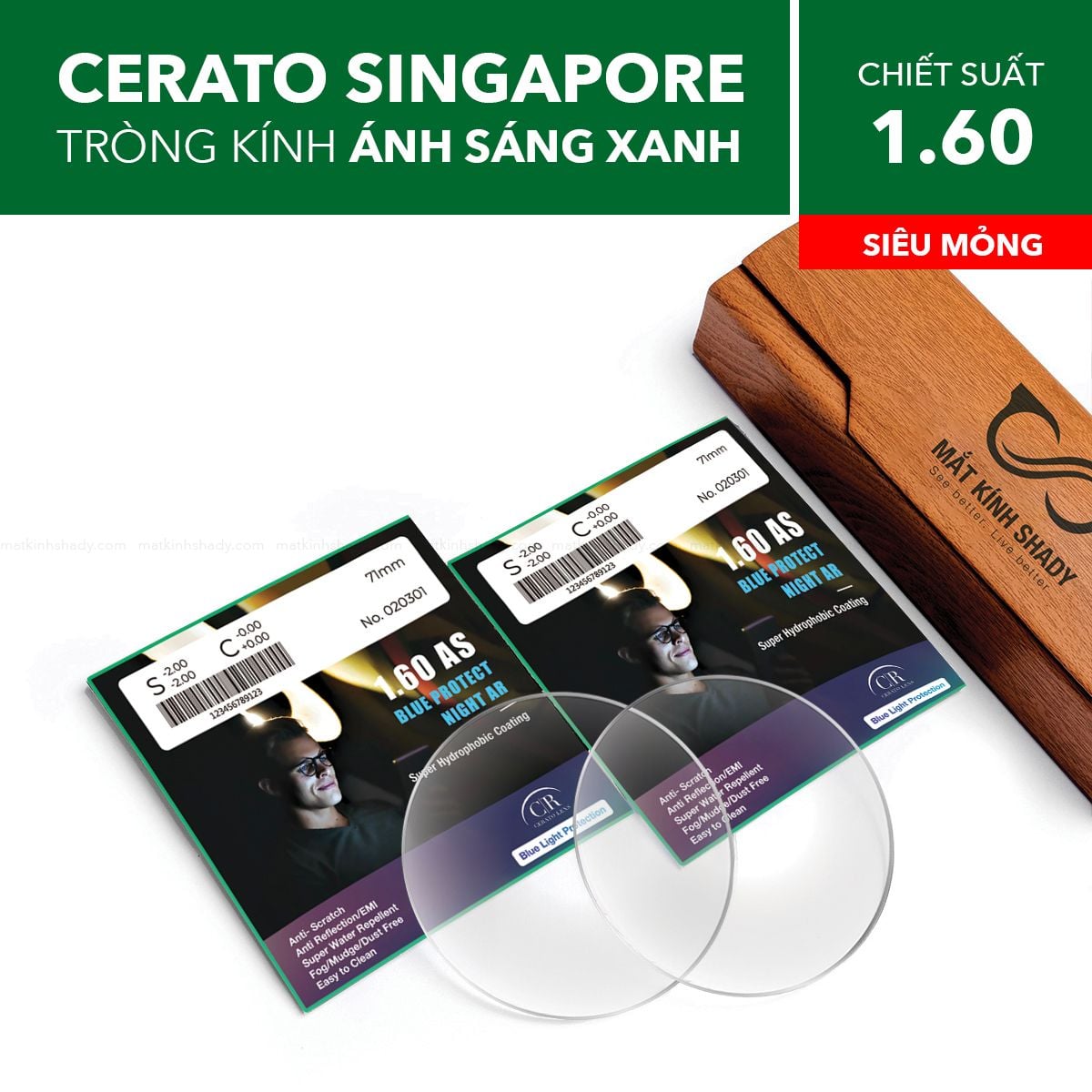  Tròng Kính Mỏng Chống Ánh Sáng Xanh Cerato Blue Protect Night Ar 1.60 AS 