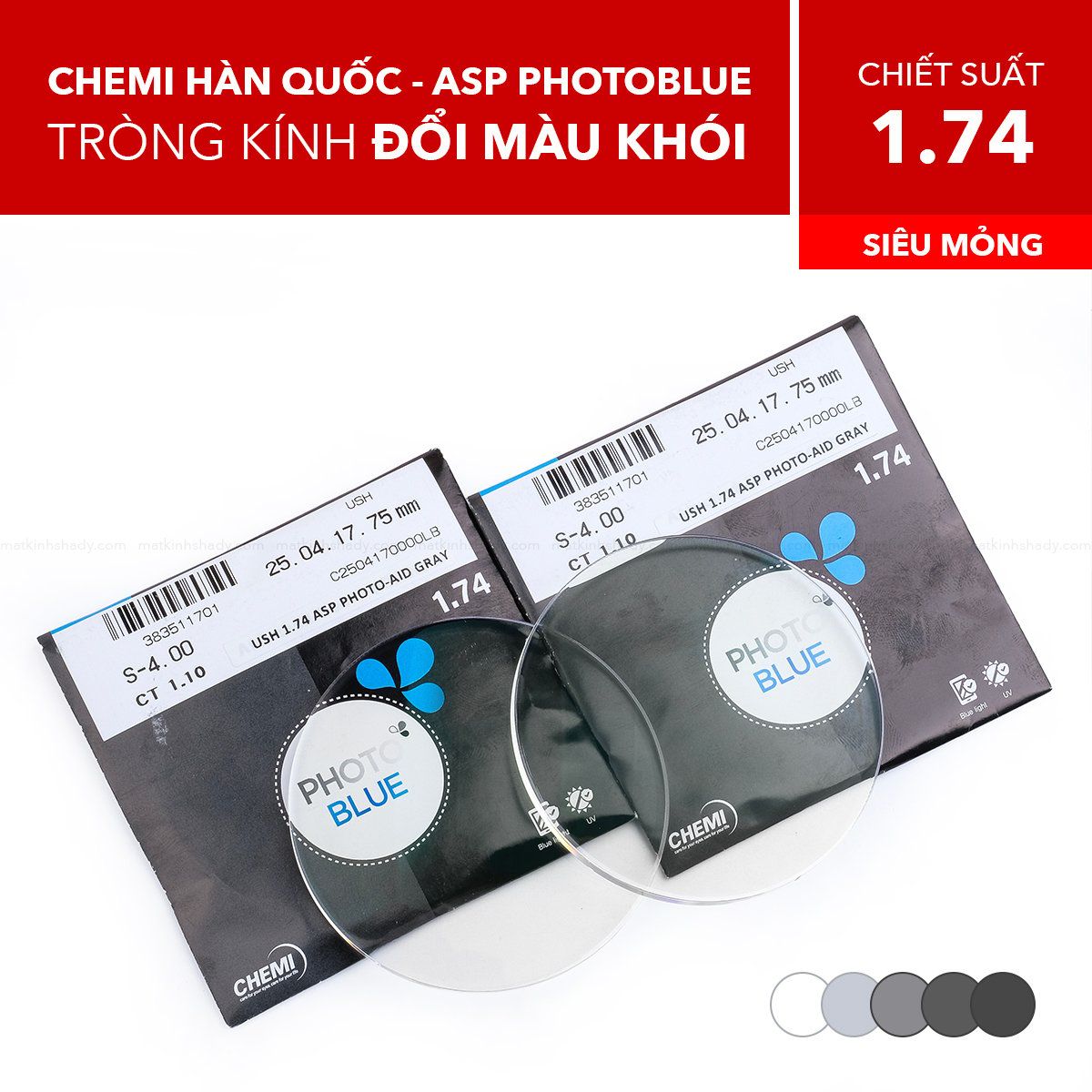  Tròng Kính Siêu Mỏng Đổi Màu Chống Ánh Sáng Xanh Chemi 1.74 ASP Photoblue Gray 