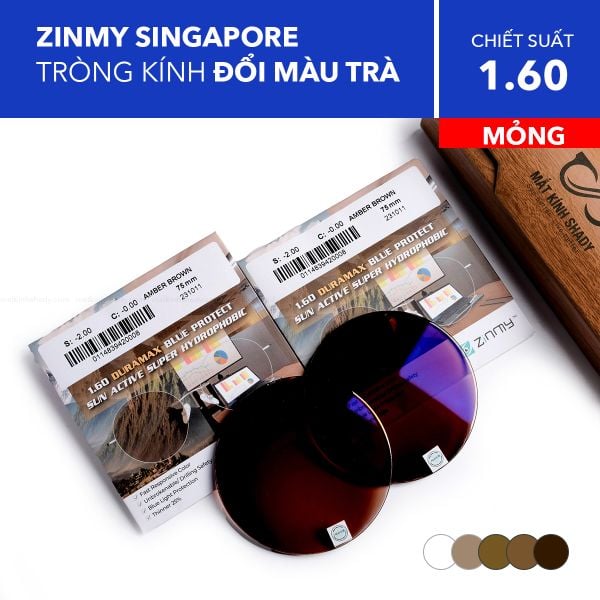  Tròng Kính Mỏng Đổi Màu Chống Ánh Sáng Xanh Zinmy Duramax Amber Brown Blue Protect Sun Active 1.60 AS 