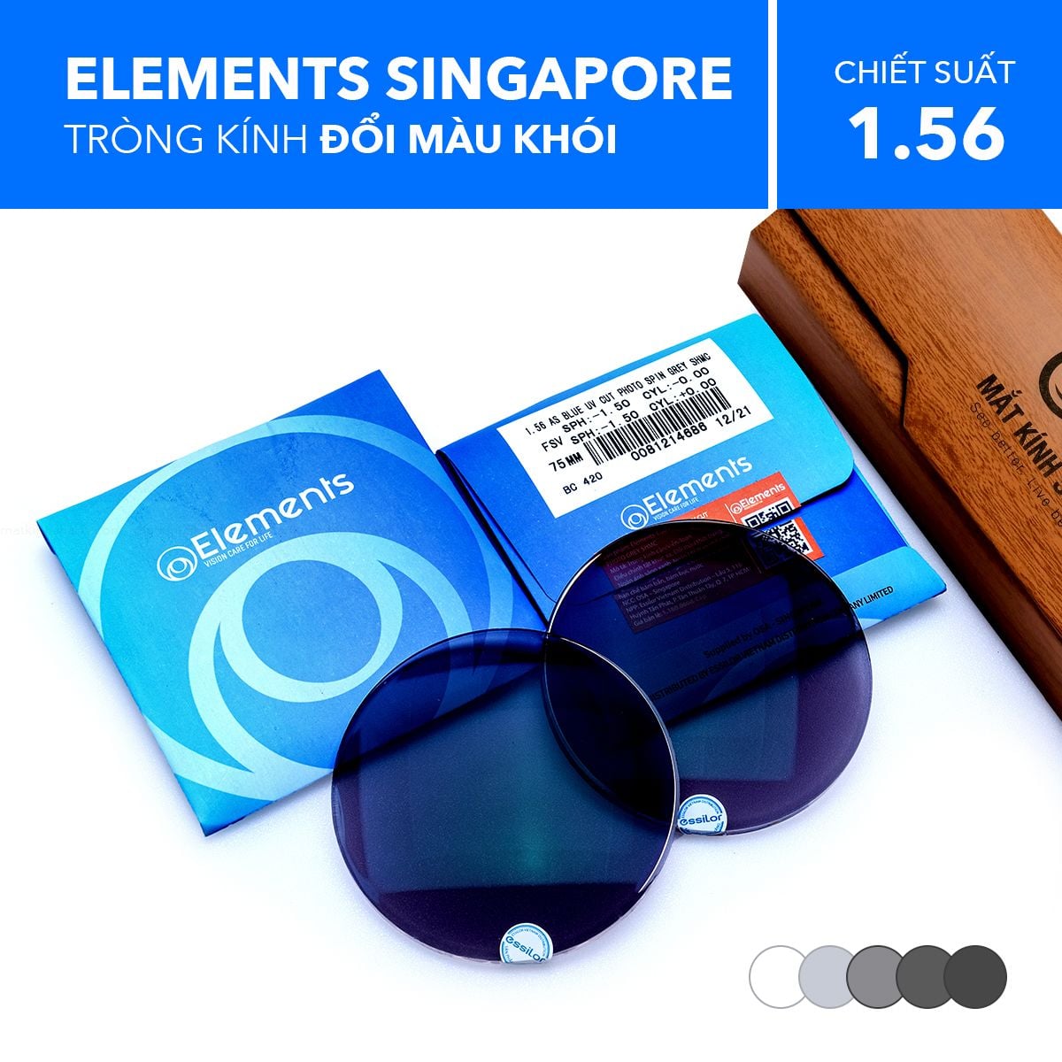  Tròng Kính Đổi Màu Chống Ánh Sáng Xanh Photo Blueuv Elements 1.56 