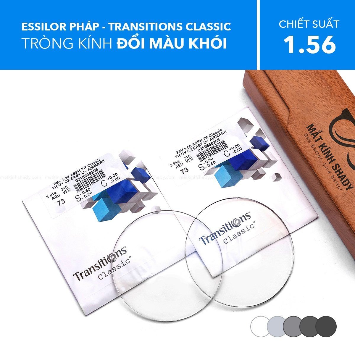  Tròng Kính Đổi Màu Khói/Trà Transitions Classic Essilor 1.56 