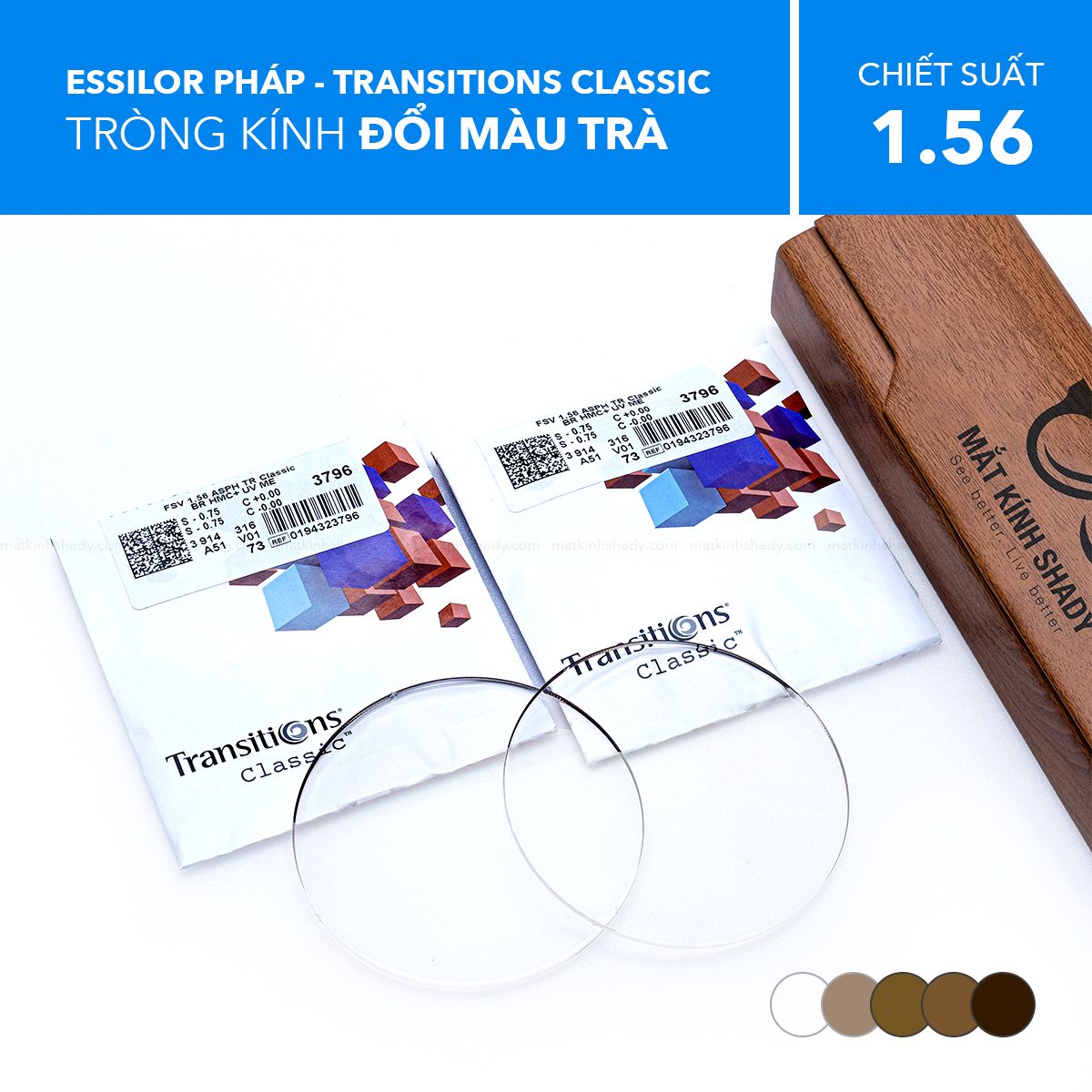  Tròng Kính Đổi Màu Khói/Trà Transitions Classic Essilor 1.56 