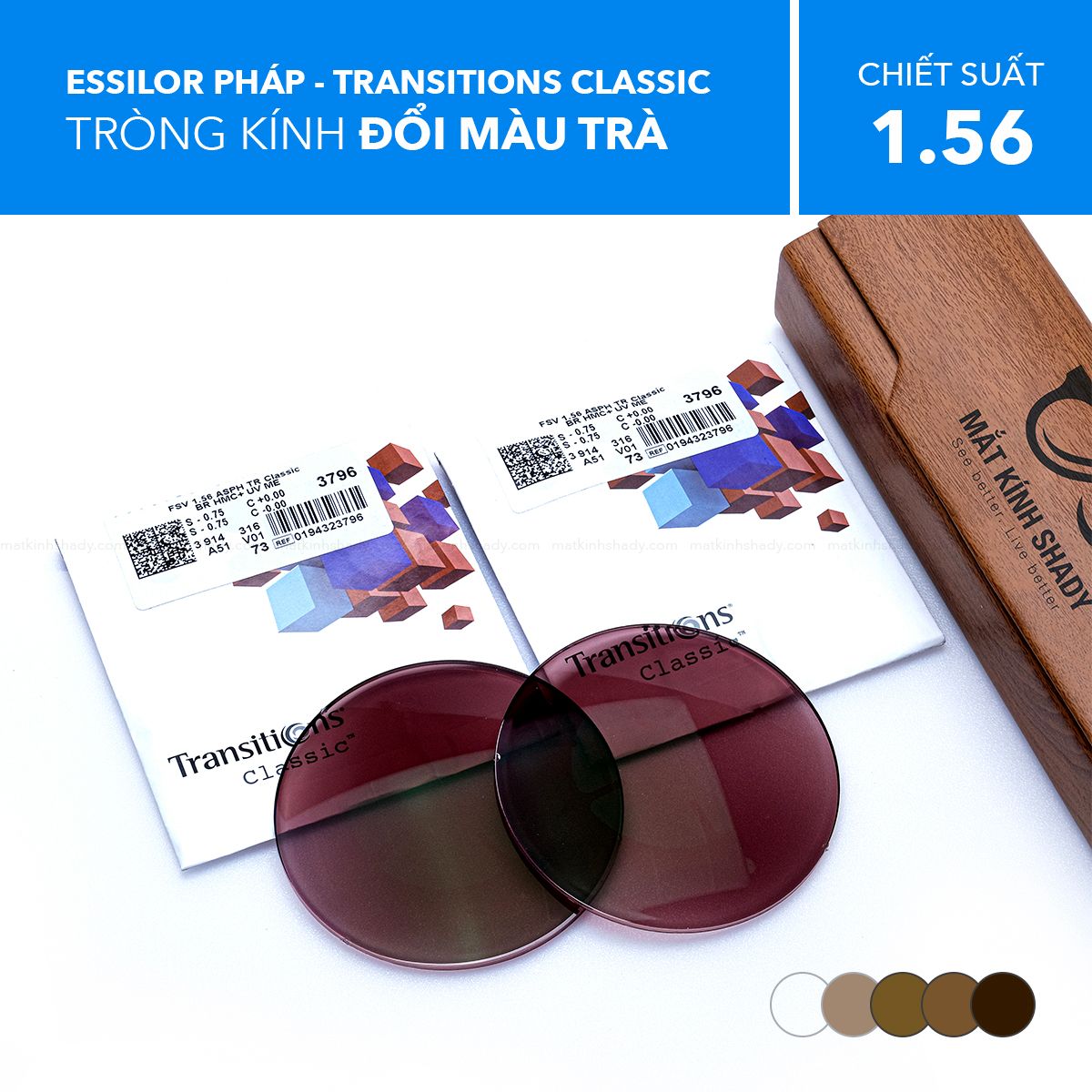  Tròng Kính Đổi Màu Khói/Trà Transitions Classic Essilor 1.56 