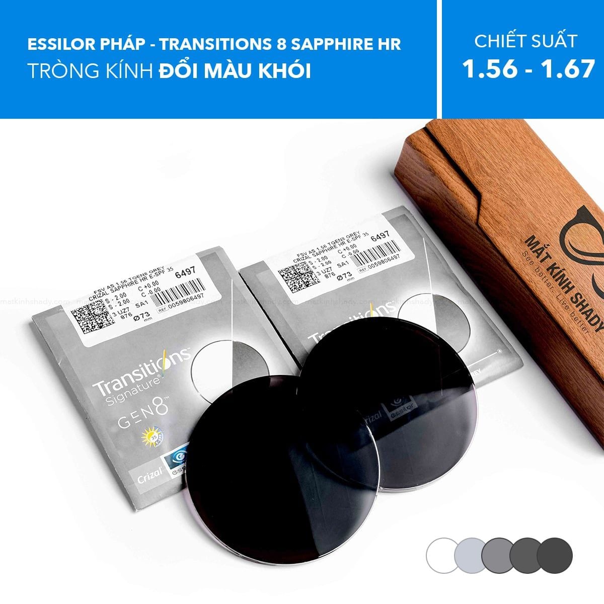  Tròng Kính Đổi Màu Transitions 8 Sapphire HR Essilor 