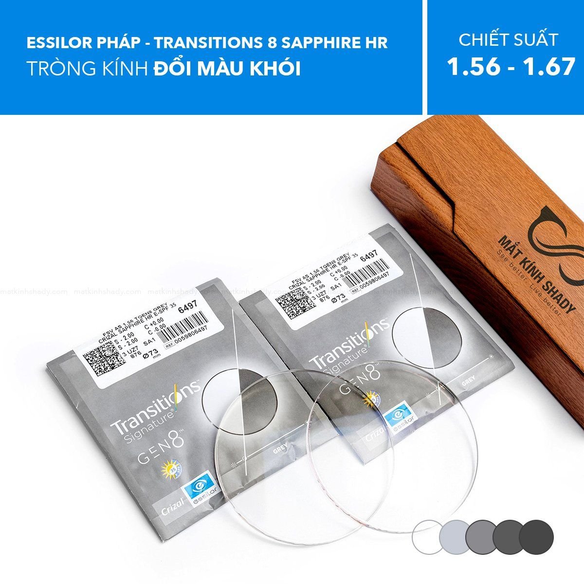  Tròng Kính Đổi Màu Transitions 8 Sapphire HR Essilor 