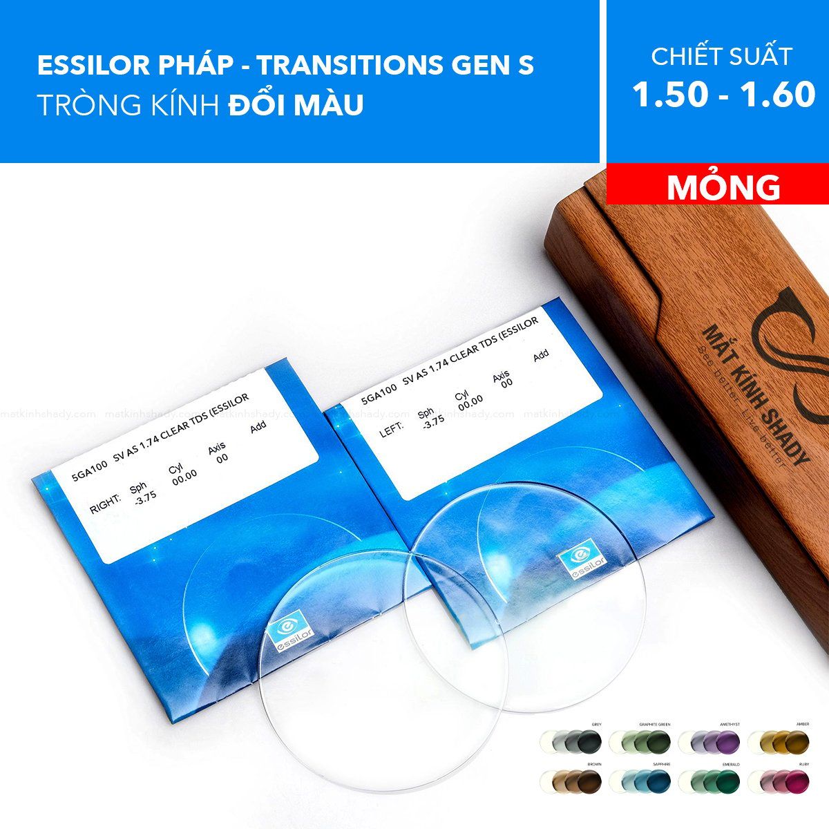  Tròng Kính Đổi Màu Transitions S Style Color (8 Màu) Essilor 