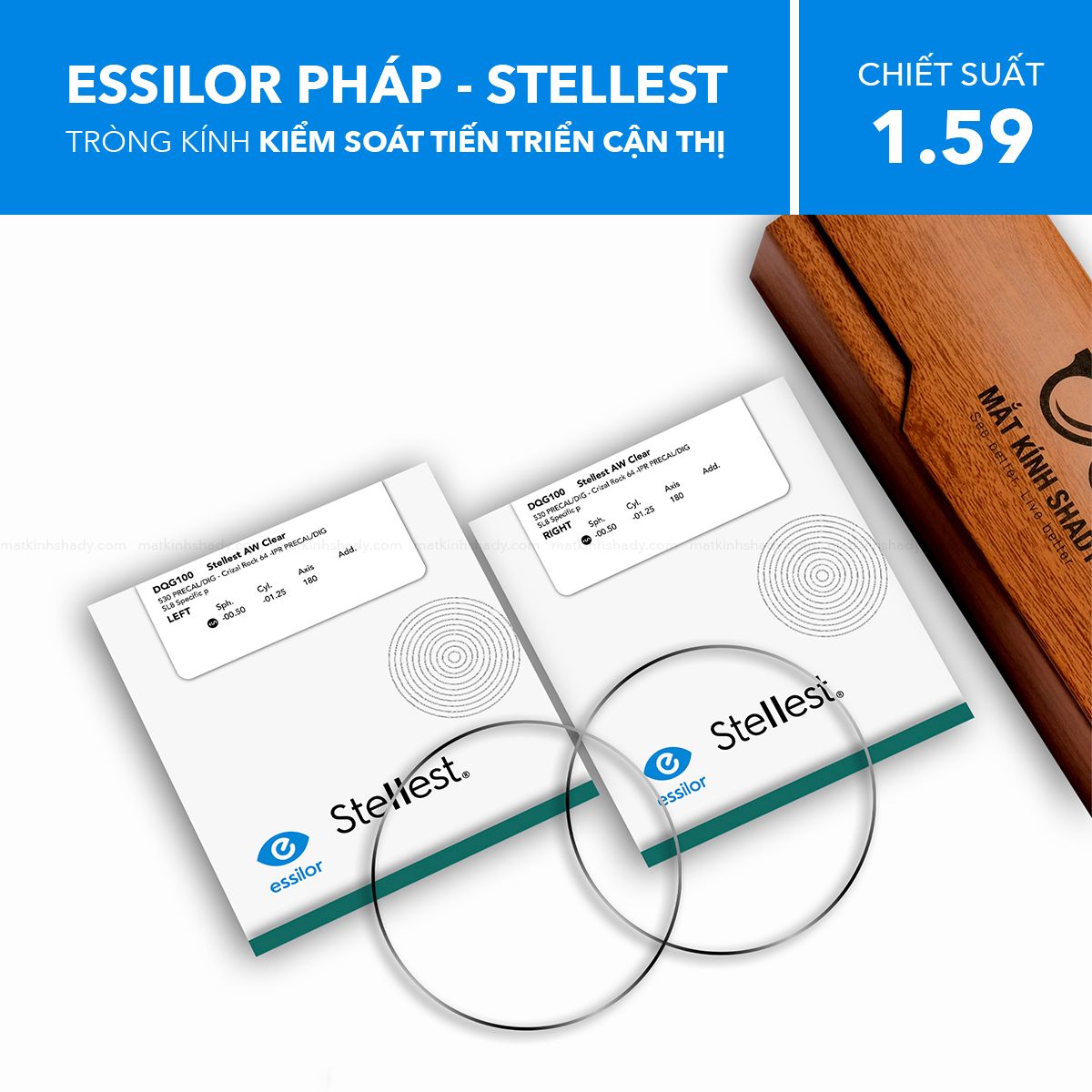  Tròng Kính Kiểm Soát Tiến Triển Cận Thị Stellest Essilor 1.59 Airwear 
