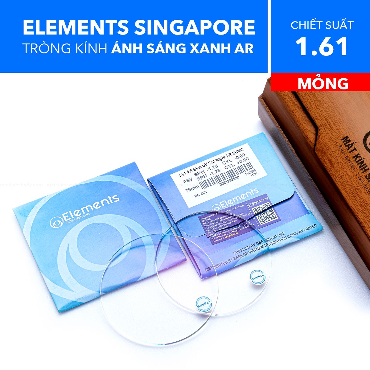 Tròng Kính Mỏng Chống Ánh Sáng Xanh Blue Uv Cut Night Ar Elements 1.61